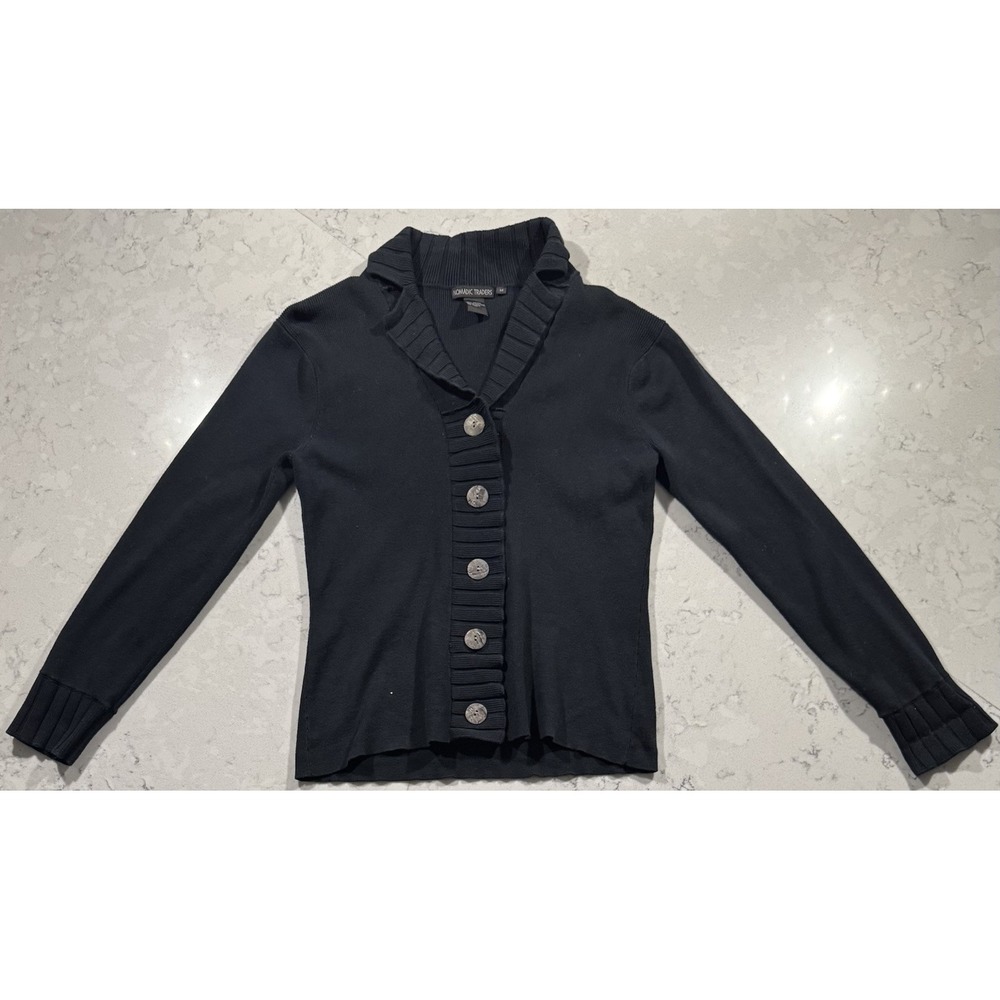 VTG Y2k Nomadic Traders Cardigan Sweater Womens Medium Black Ribbed Shawl Collar